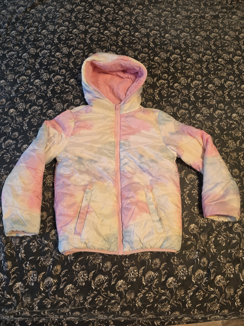 Girls' Pastel Tie-Dye Puffer Jacket with Pink Fur Interior Hood